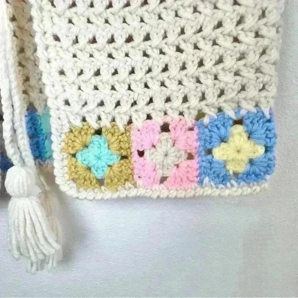 Crochet Cream and Multicolor Granny Square Tie Front with Tassle Wool Boho Vest - Picture 4 of 15